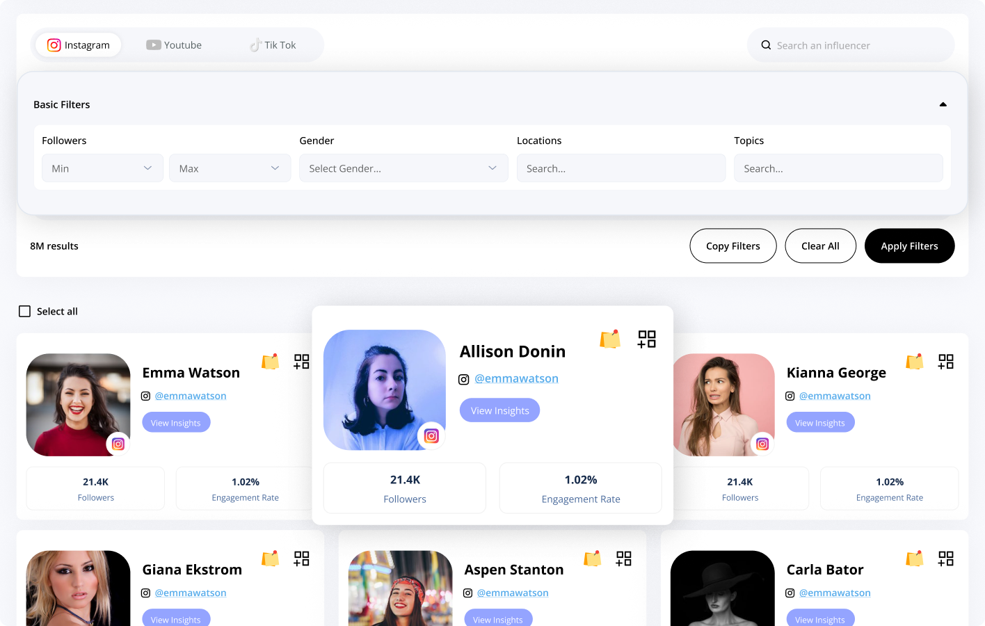 Hive creator discovery search with filters and matched results